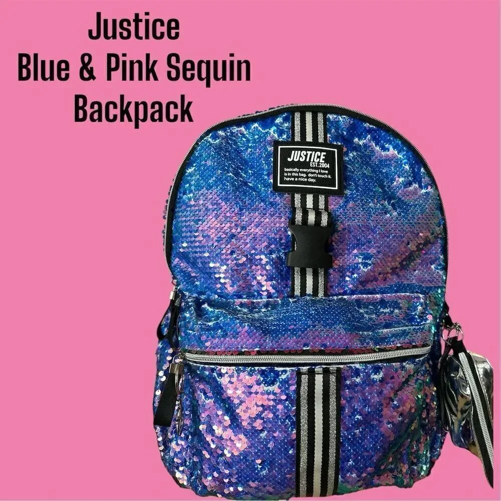 Justice Girls Large Pink Blue Sequin Backpack Multicolor Front Zipper Pocket